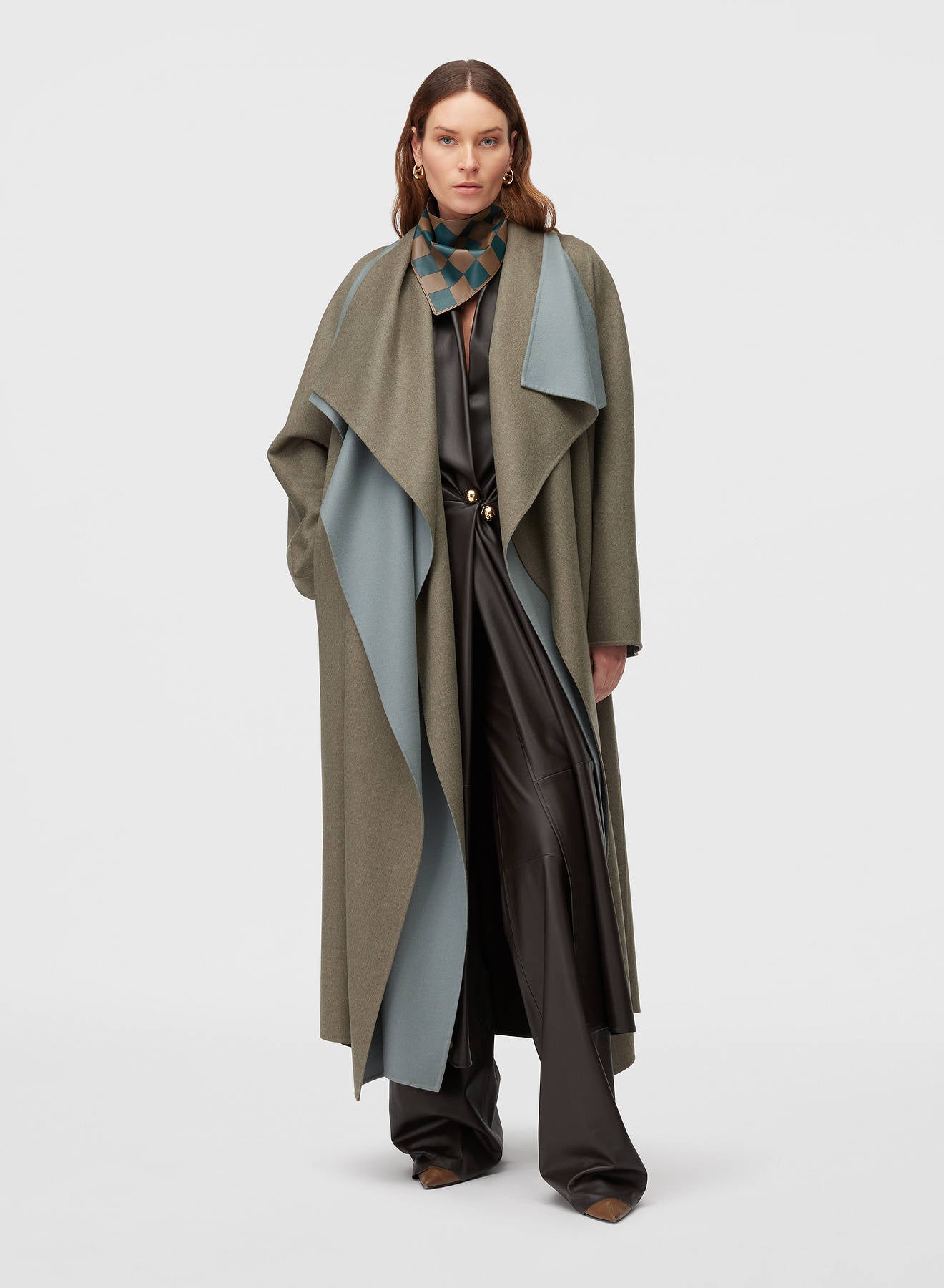 Retori Double Shawl Collar Coat Sage And Grey - Ready To Wear - Luxury Overcoats for Women - Full Model
