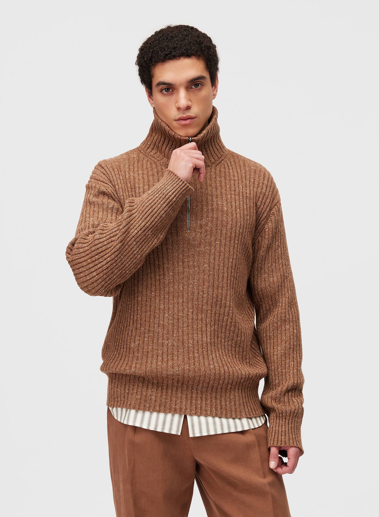 Retori Ribbed Zip Up Mock Neck Clay - Knitwear - Luxury Sweaters for Men and Women - Front Man