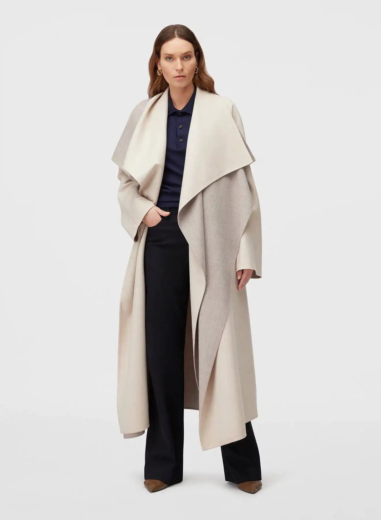 Retori Double Shawl Collar Coat Ivory And Natural - Ready To Wear - Luxury Overcoats for Women - Full Model