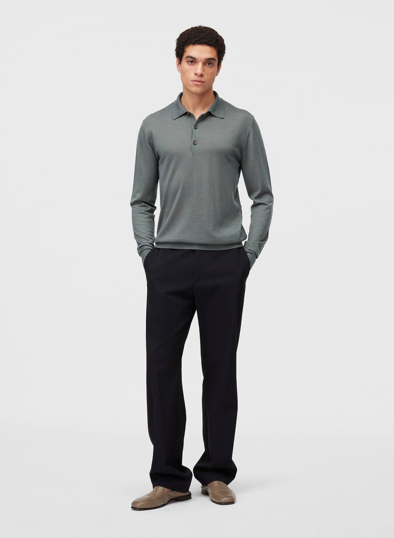 Retori Side Argyle Detail Long Sleeve Polo Sage - Knitwear - Luxury Polos for Men and Women - Full Model Man