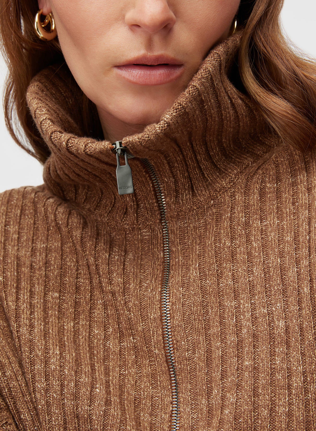 Retori Ribbed Zip Up Mock Neck Clay - Knitwear - Luxury Sweaters for Men and Women - Detail Neck Woman