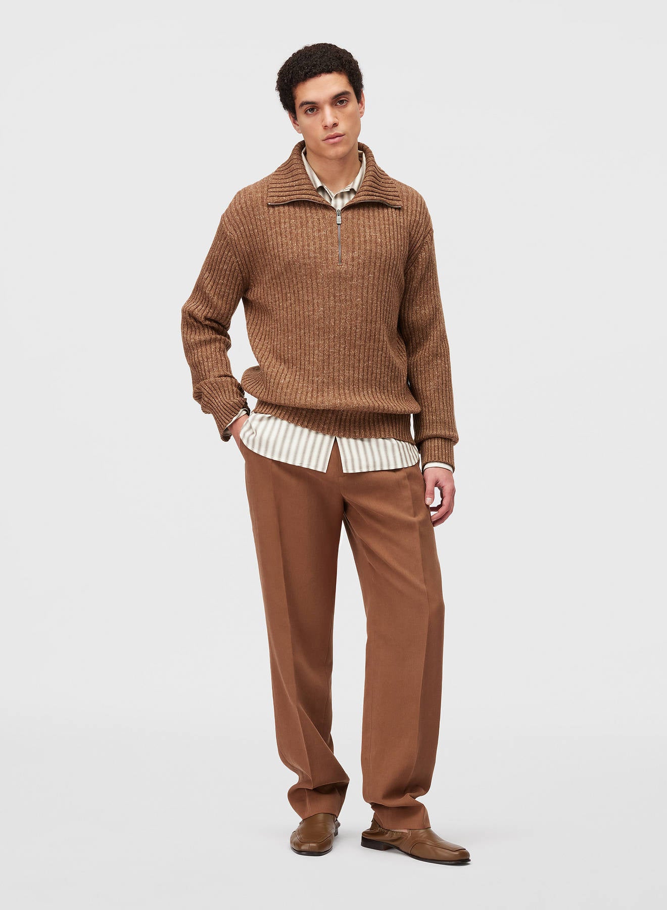 Retori Ribbed Zip Up Mock Neck Clay - Knitwear - Luxury Sweaters for Men and Women - Full Model Man