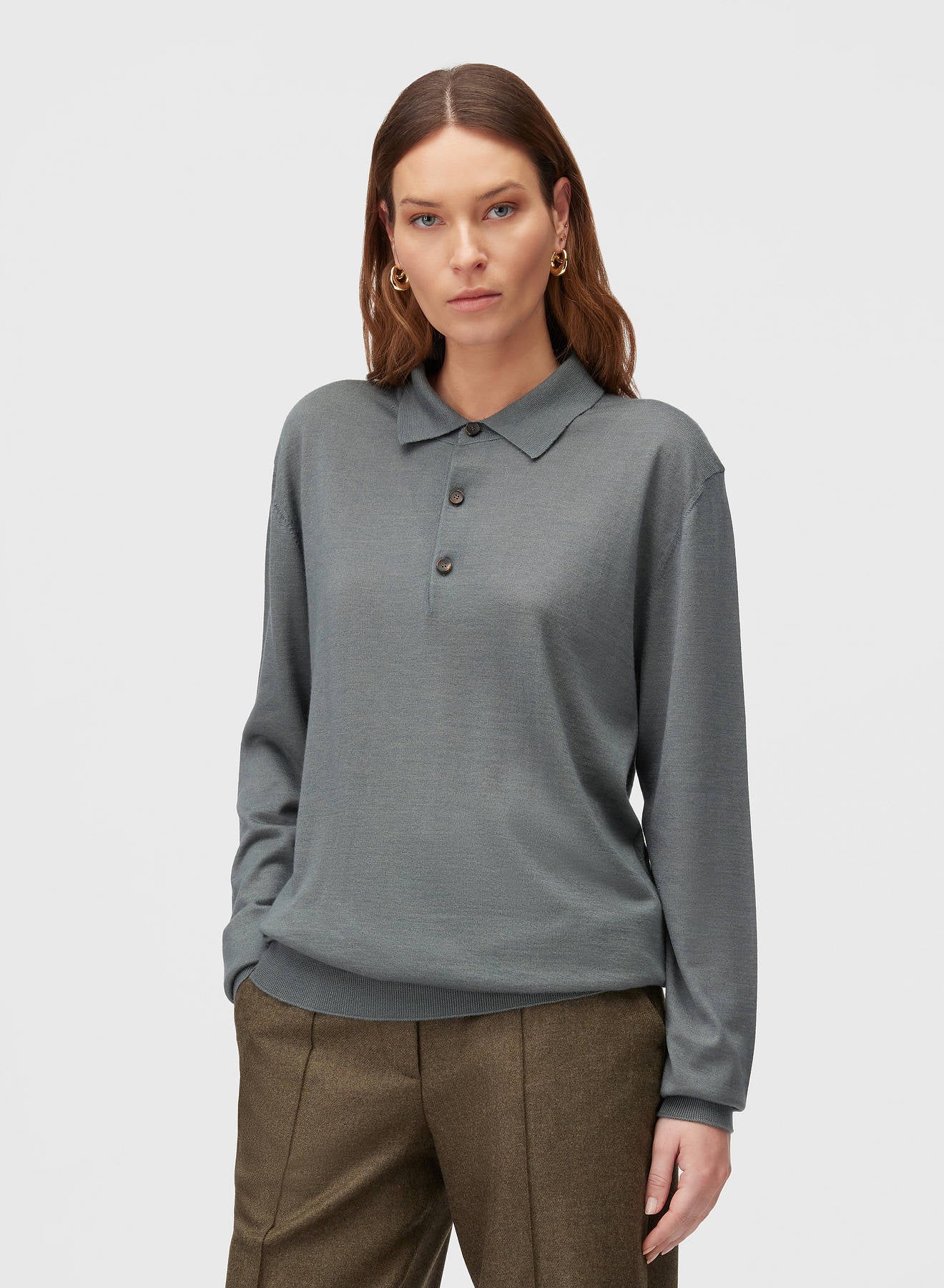 Retori Side Argyle Detail Long Sleeve Polo Sage - Knitwear - Luxury Polos for Men and Women - Front Woman