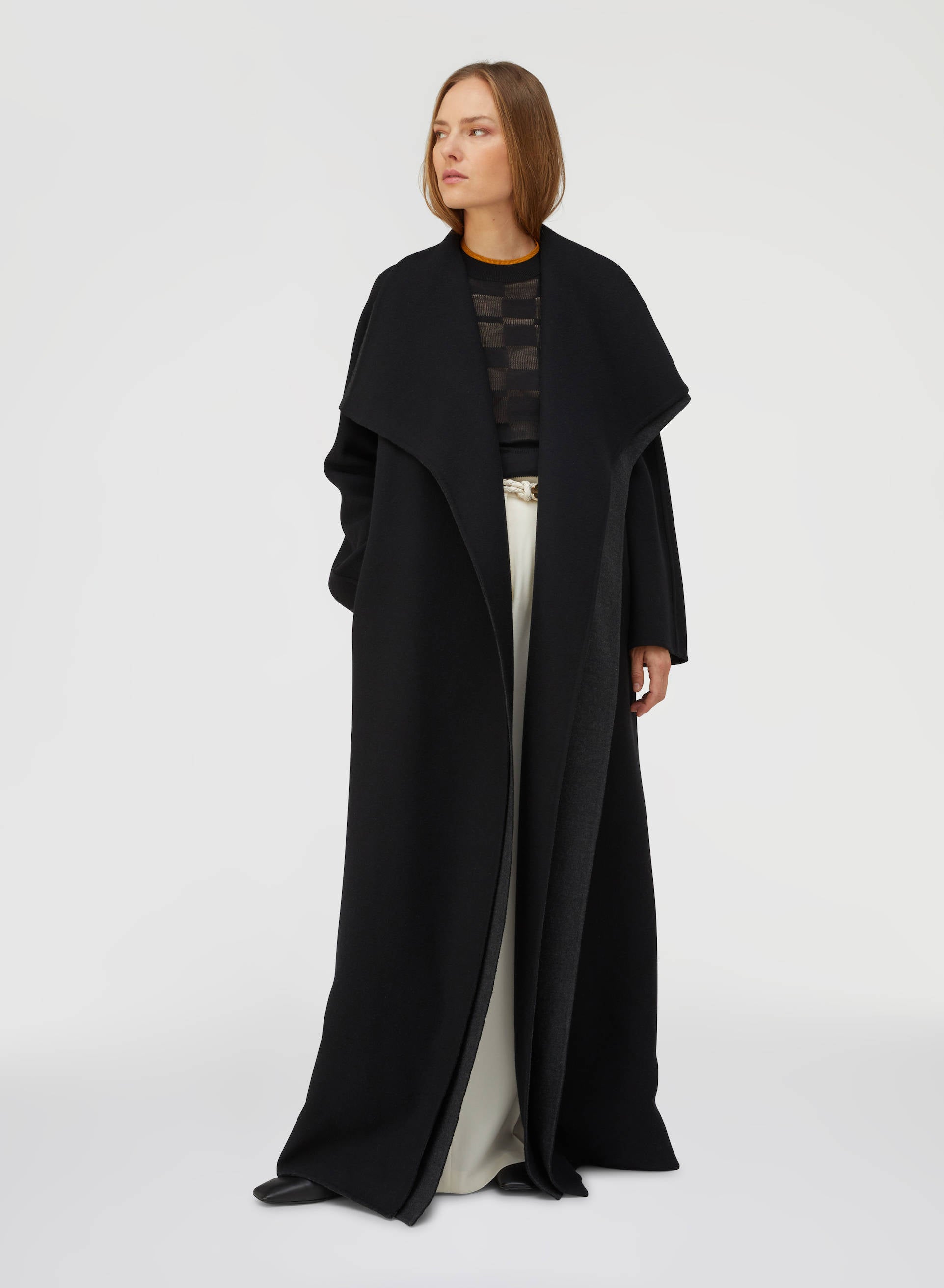 Retori Double Shawl Collar Coat Black And Grey - Ready To Wear - Luxury Overcoats for Women - Full Model