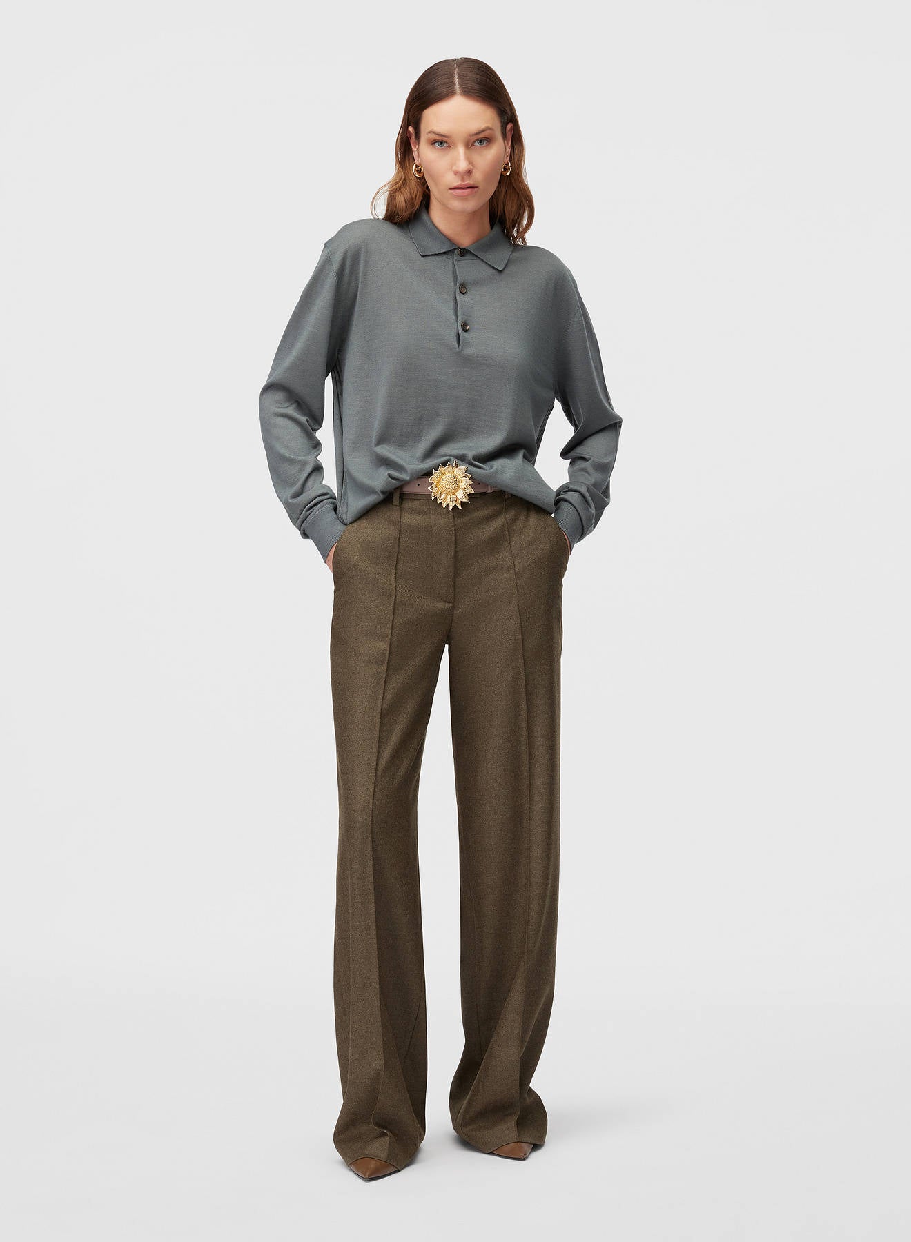 Retori Side Argyle Detail Long Sleeve Polo Sage - Knitwear - Luxury Polos for Men and Women - Full Model Woman