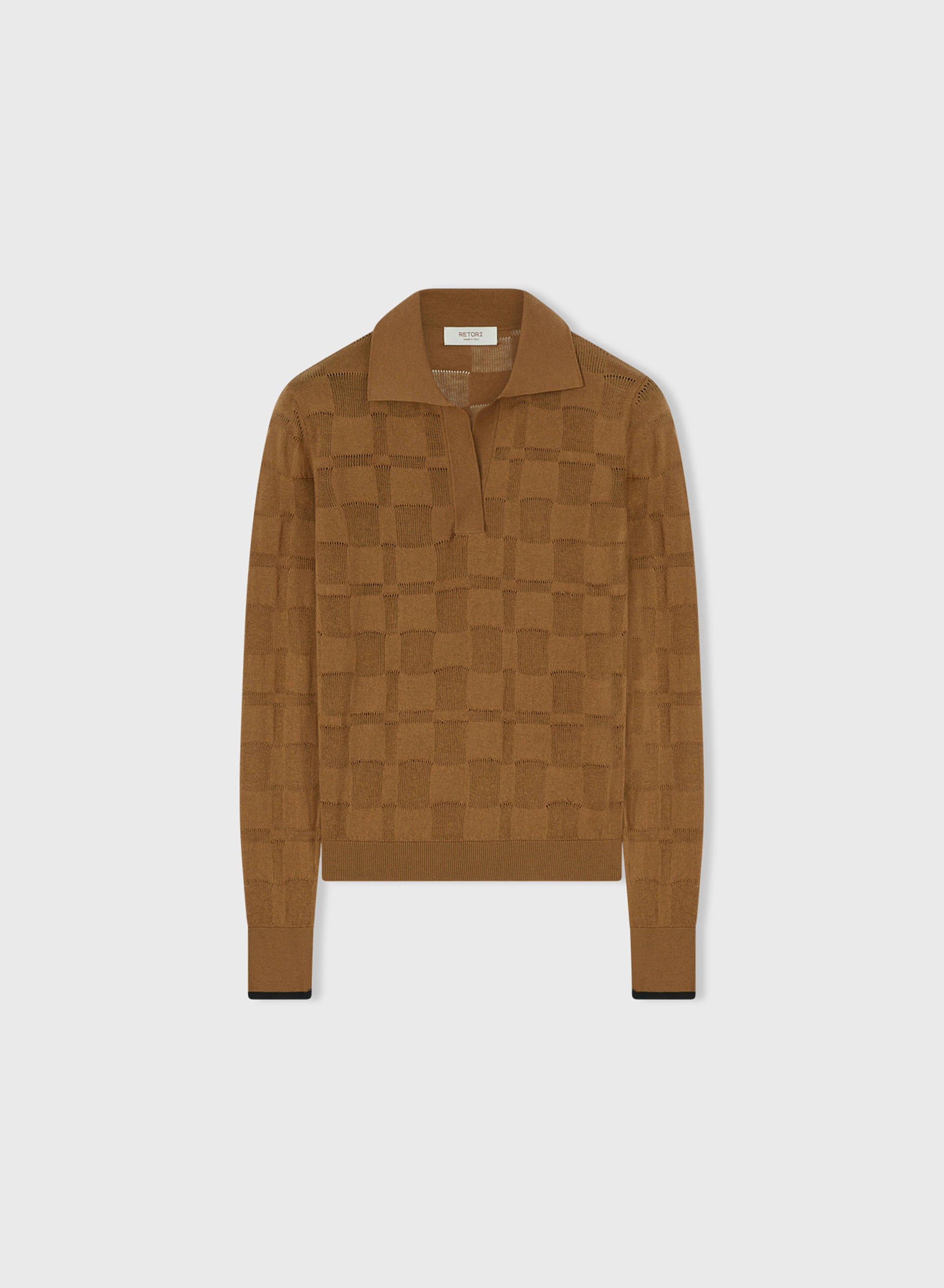 Retori Light Cotton And Cashmere Jacquard Damier Long Sleeves Polo With Contrast Color Details Camel And Black - Knitwear - Luxury Polos for Women