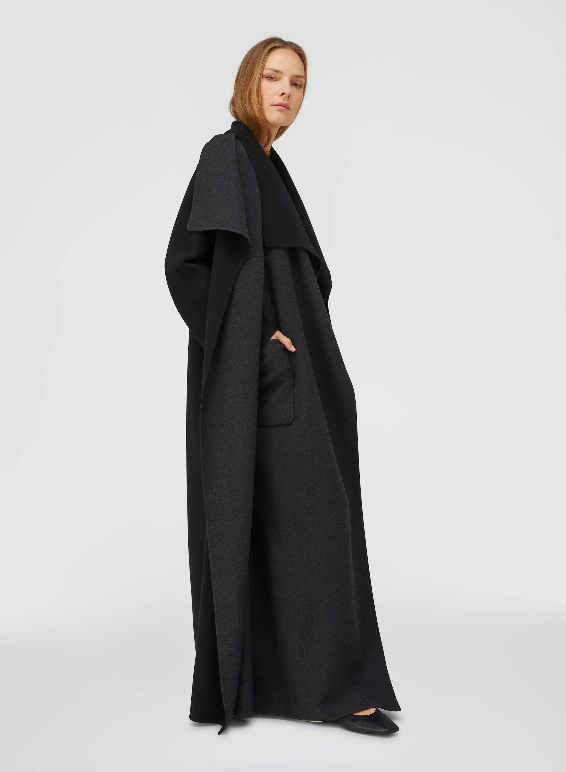Retori Double Shawl Collar Coat Black And Grey - Ready To Wear - Luxury Overcoats for Women - Side