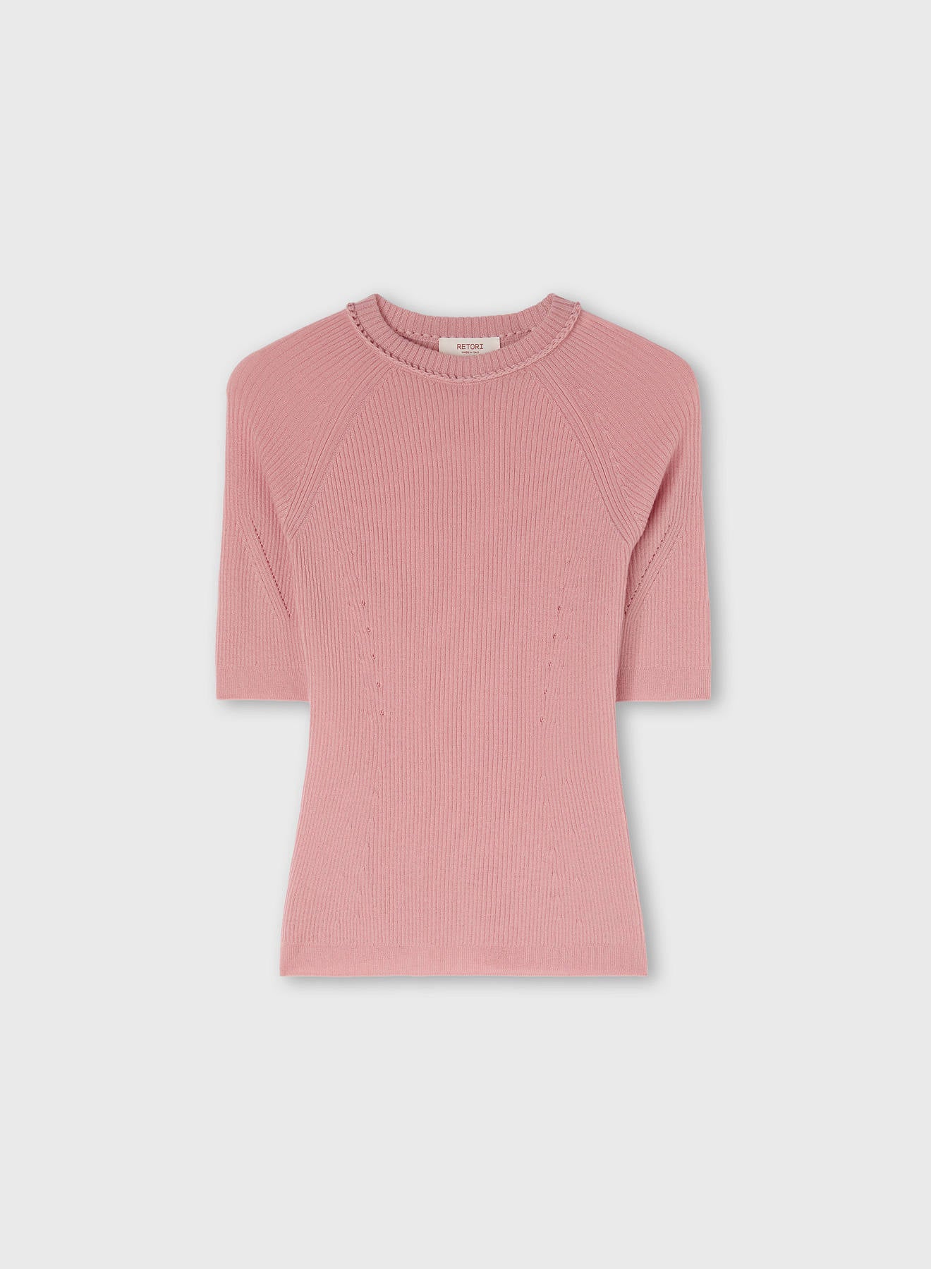 LIGHT CASHMERE RIBBED KNIT T-SHIRT WITH CROCHET DETAIL PINK ROSE