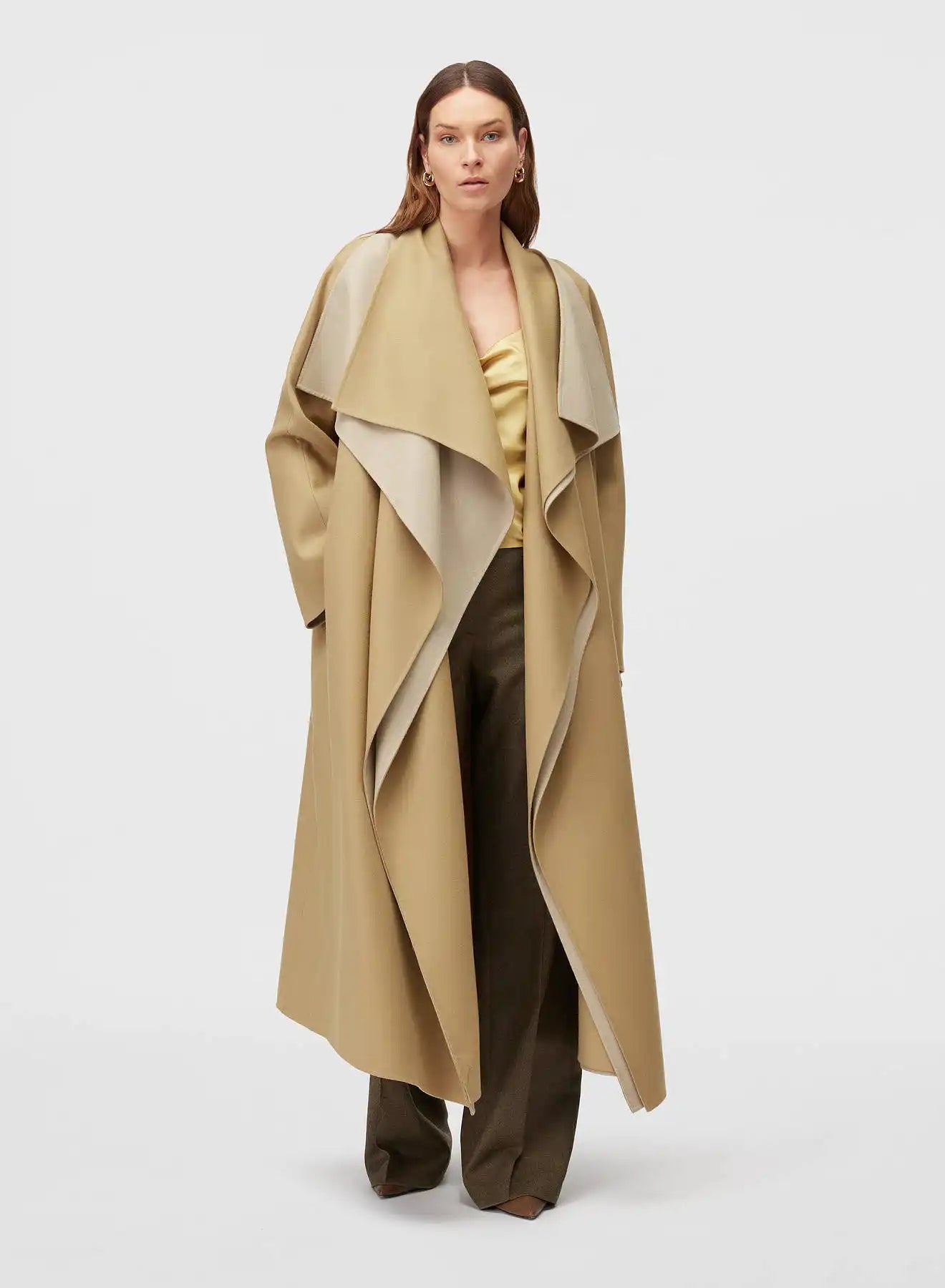 DOUBLE WOOL SHAWL COLLAR COAT PALE SAGE AND PALE YELLOW