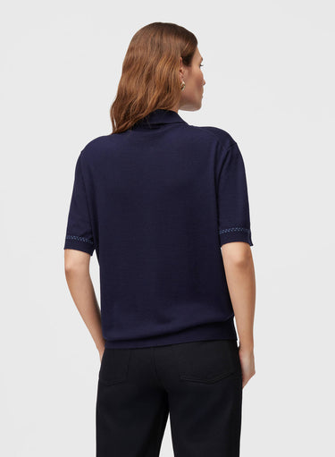 Retori Cuff Micro Check Detail Short Sleeve Polo Navy And Avio - Knitwear - Luxury Unisex Polos - Back Woman