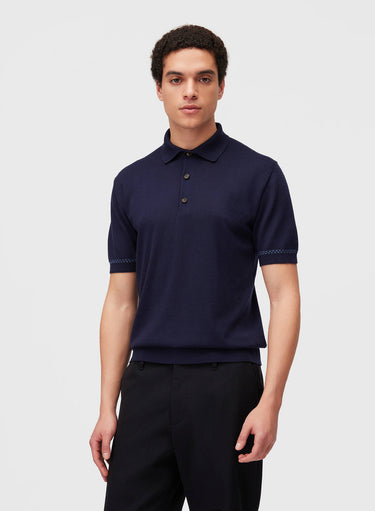 Retori Cuff Micro Check Detail Short Sleeve Polo Navy And Avio - Knitwear - Luxury Unisex Polos - Front Man