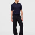 Retori Cuff Micro Check Detail Short Sleeve Polo Navy And Avio - Knitwear - Luxury Unisex Polos - Full Model Man