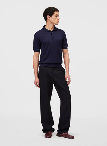 Retori Cuff Micro Check Detail Short Sleeve Polo Navy And Avio - Knitwear - Luxury Unisex Polos - Full Model Man