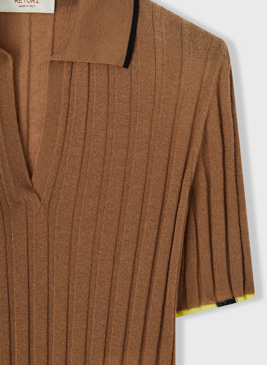 Retori Ribbed Short Sleeves Polo Shirt With Contrast Color Details Camel + Black And Yellow - Knitwear - Luxury Polos for Women