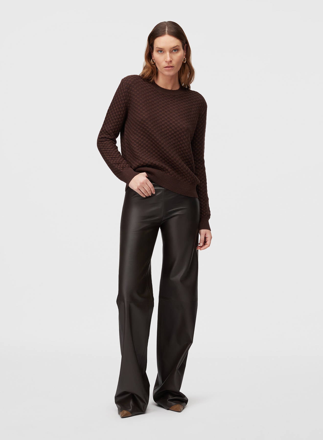 Retori Damier Wool And Silk Jacquard Crewneck Chocolate - Knitwear - Luxury Sweaters for Women - Full Model