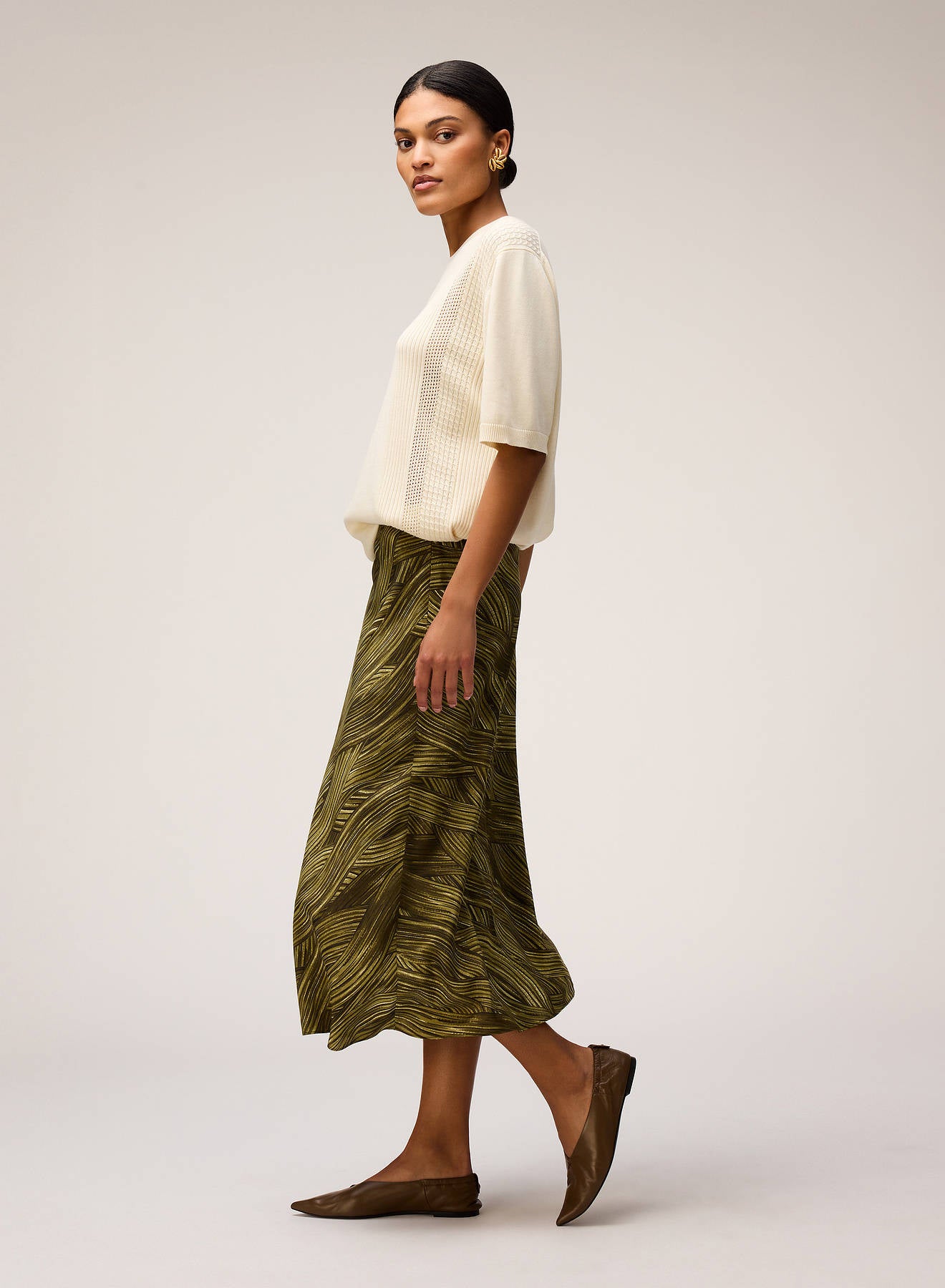 PRINTED SILK MIDI SKIRT OLIVE GREEN