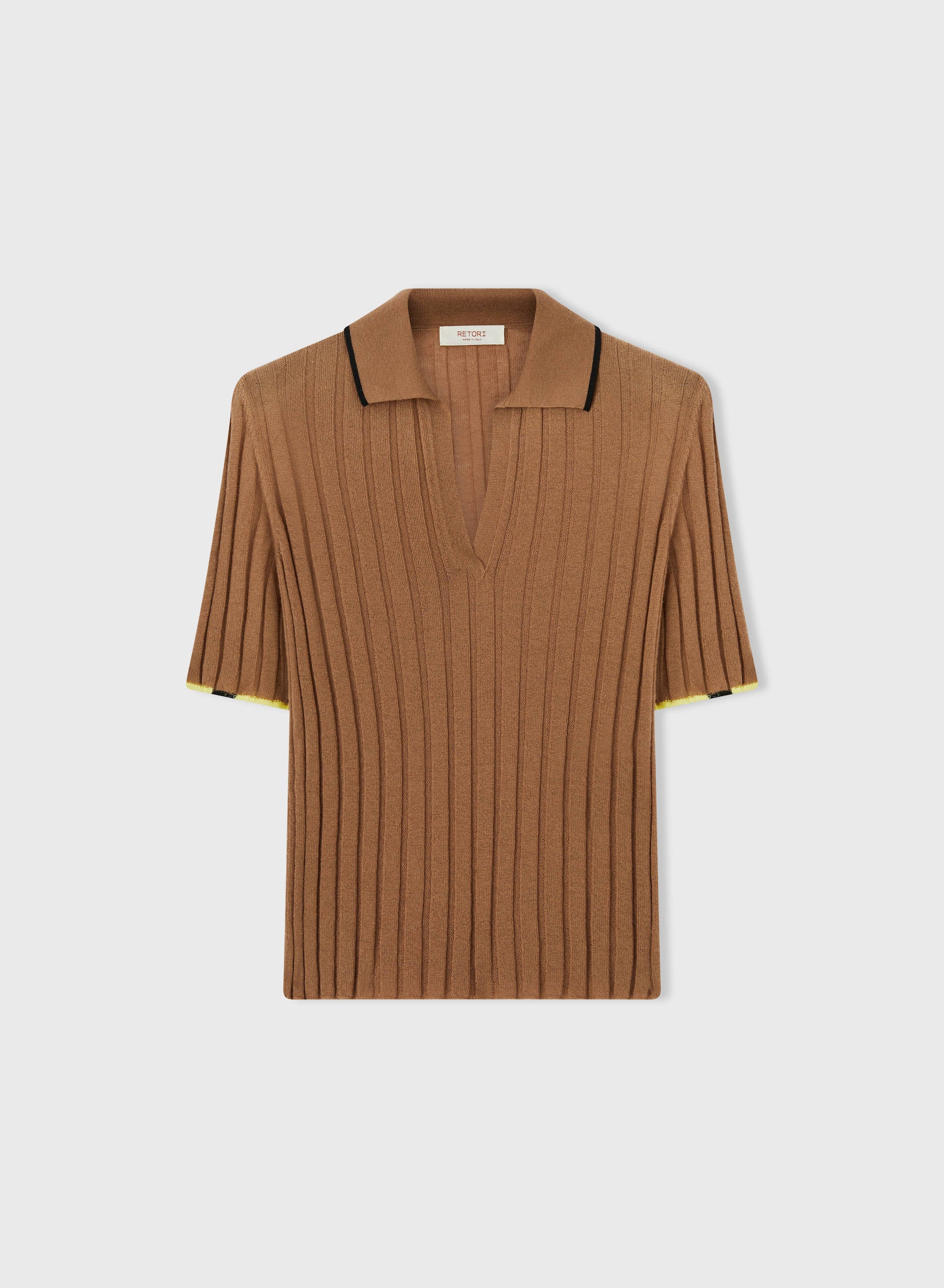 Retori Ribbed Short Sleeves Polo Shirt With Contrast Color Details Camel + Black And Yellow - Knitwear - Luxury Polos for Women