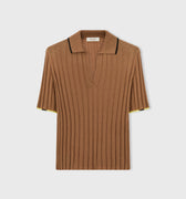 Retori Ribbed Short Sleeves Polo Shirt With Contrast Color Details Camel + Black And Yellow - Knitwear - Luxury Polos for Women