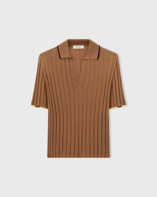 Retori Ribbed Short Sleeves Polo Shirt With Contrast Color Details Camel + Black And Yellow - Knitwear - Luxury Polos for Women