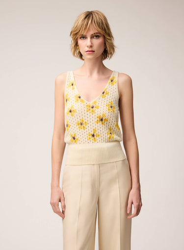 PRINTED CASHMERE OPENWORK KNIT TOP