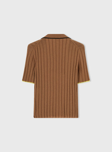 Retori Ribbed Short Sleeves Polo Shirt With Contrast Color Details Camel + Black And Yellow - Knitwear - Luxury Polos for Women
