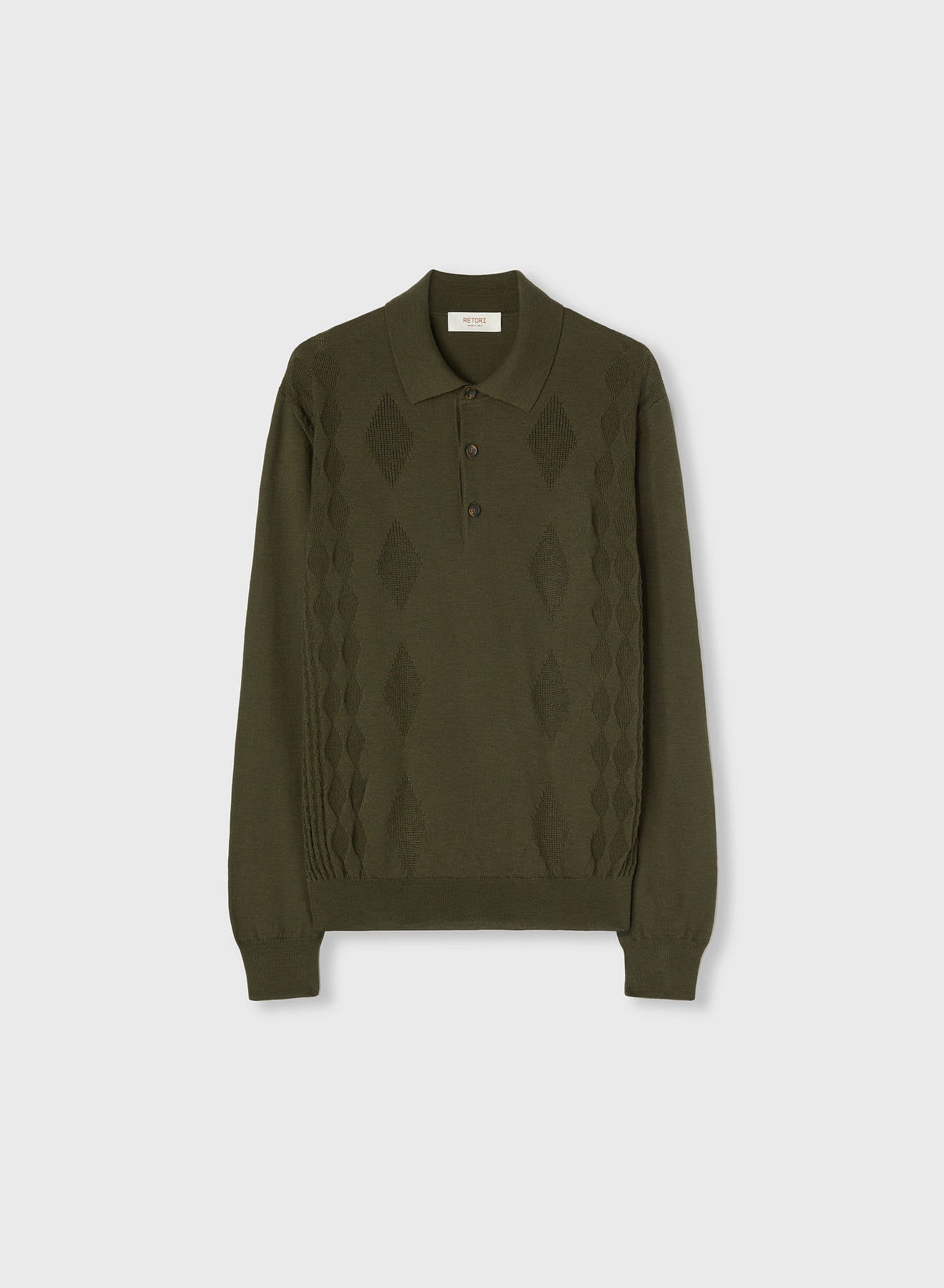 Retori Mixed Argyle Long Sleeve Polo Military Green - Knitwear - Luxury Polos for Men