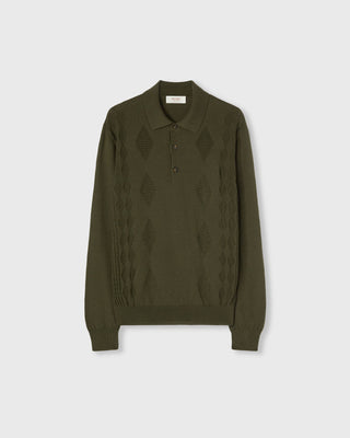 Retori Mixed Argyle Long Sleeve Polo Military Green - Knitwear - Luxury Polos for Men
