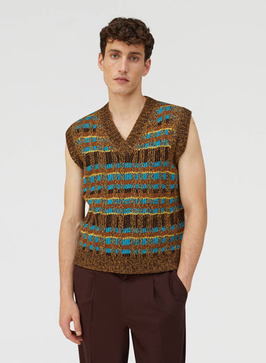 Retori Jacquard Weaved Vneck Vest Chocolate And Turquoise - Ready To Wear - Luxury Vests for Men