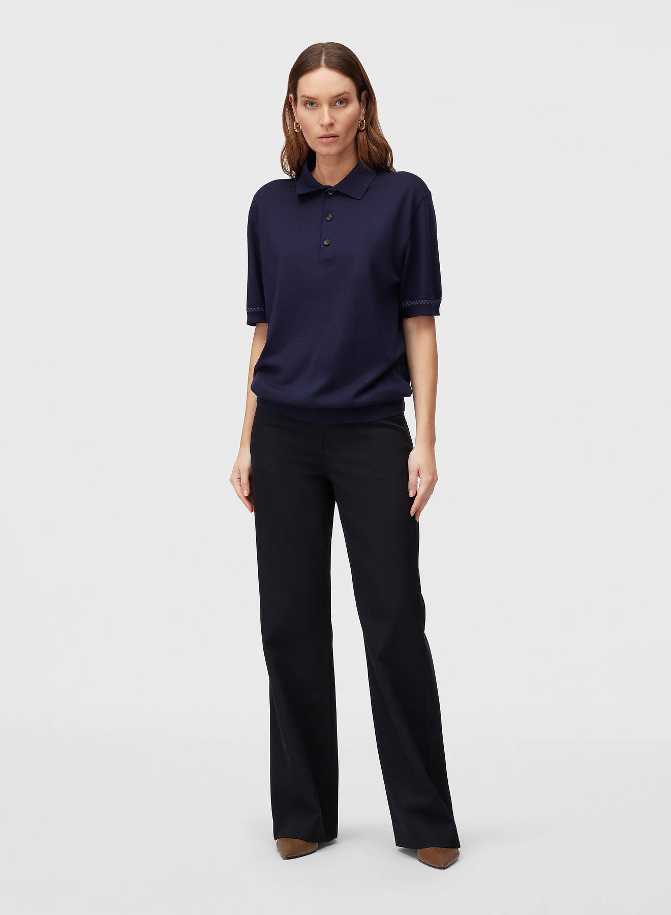 Retori Cuff Micro Check Detail Short Sleeve Polo Navy And Avio - Knitwear - Luxury Unisex Polos - Full Model Woman