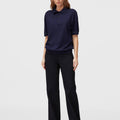 Retori Cuff Micro Check Detail Short Sleeve Polo Navy And Avio - Knitwear - Luxury Unisex Polos - Full Model Woman