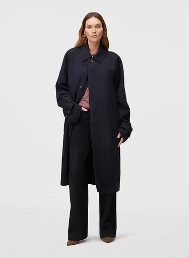 Retori Packable Trench Dark Blue - Ready To Wear - Luxury Trench Coats for Men and Women - Full Model Woman