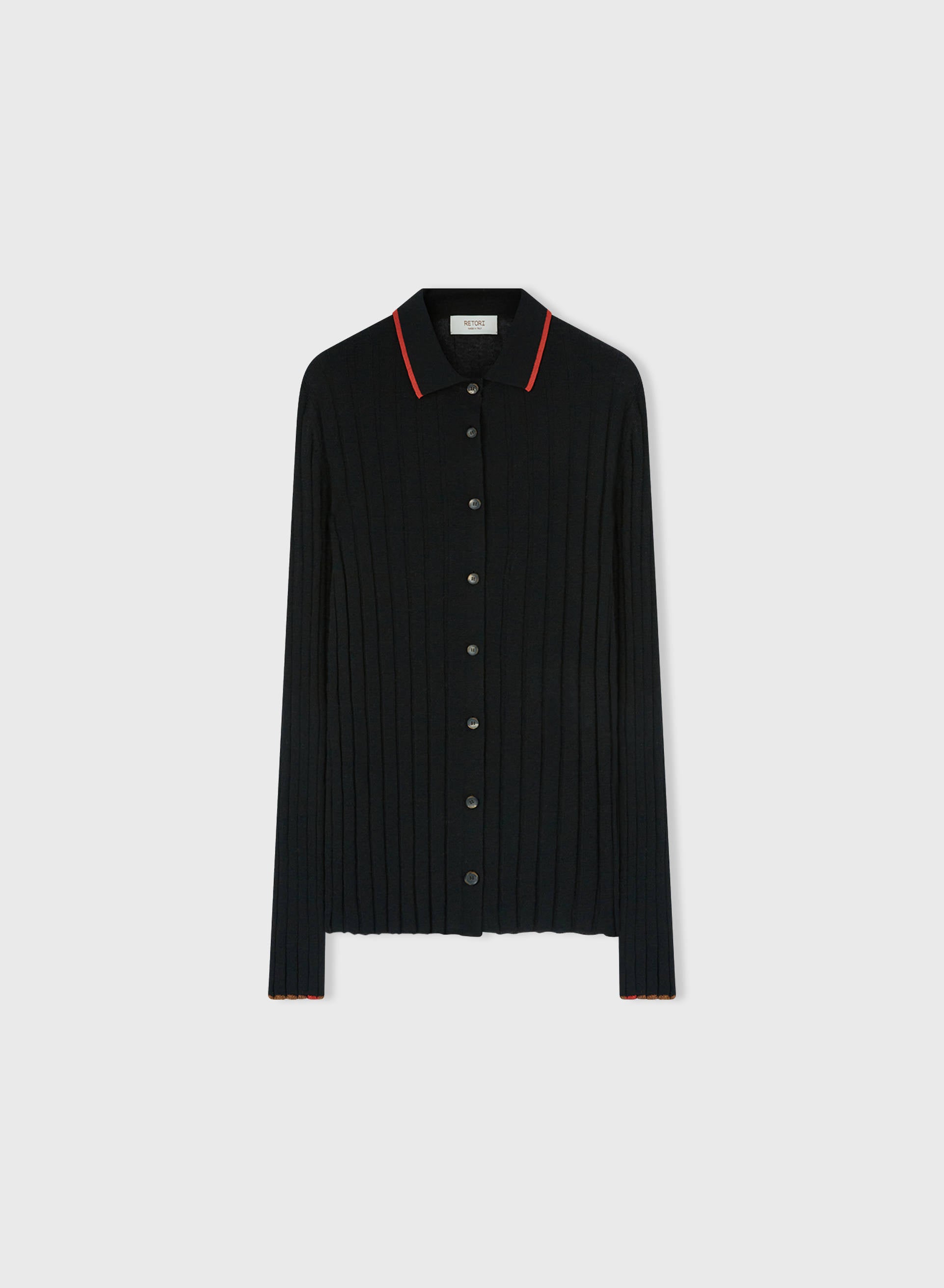 Retori Ribbed Button Down Cardigan With Shirt Collar And Contrast Color Details Black + Red And Camel - Knitwear - Luxury Cardigans for Women