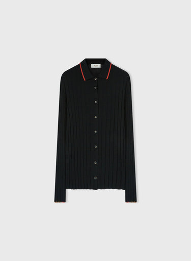 Retori Ribbed Button Down Cardigan With Shirt Collar And Contrast Color Details Black + Red And Camel - Knitwear - Luxury Cardigans for Women