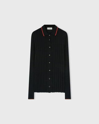 Retori Ribbed Button Down Cardigan With Shirt Collar And Contrast Color Details Black + Red And Camel - Knitwear - Luxury Cardigans for Women