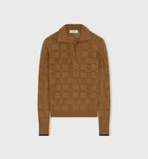 Retori Light Cotton And Cashmere Jacquard Damier Long Sleeves Polo With Contrast Color Details Camel And Black - Knitwear - Luxury Polos for Women