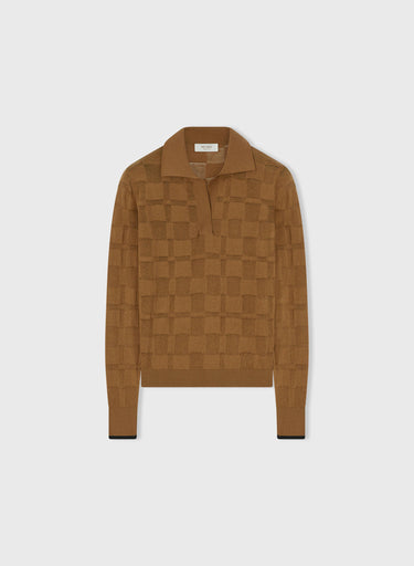 Retori Light Cotton And Cashmere Jacquard Damier Long Sleeves Polo With Contrast Color Details Camel And Black - Knitwear - Luxury Polos for Women