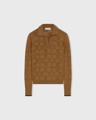 Retori Light Cotton And Cashmere Jacquard Damier Long Sleeves Polo With Contrast Color Details Camel And Black - Knitwear - Luxury Polos for Women
