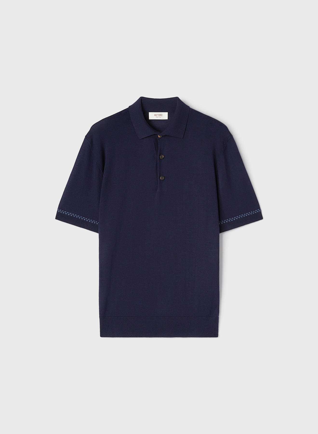 Retori Cuff Micro Check Detail Short Sleeve Polo Navy And Avio - Knitwear - Luxury Unisex Polos