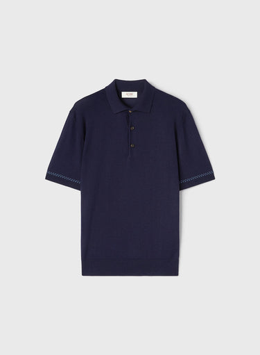 Retori Cuff Micro Check Detail Short Sleeve Polo Navy And Avio - Knitwear - Luxury Unisex Polos