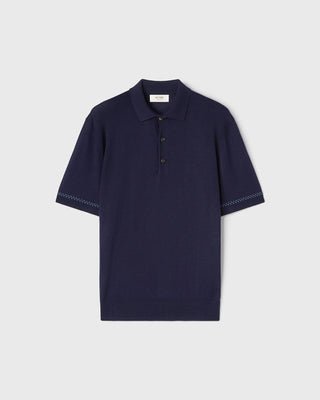 Retori Cuff Micro Check Detail Short Sleeve Polo Navy And Avio - Knitwear - Luxury Unisex Polos