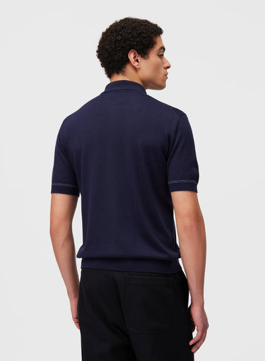 Retori Cuff Micro Check Detail Short Sleeve Polo Navy And Avio - Knitwear - Luxury Unisex Polos - Back Man