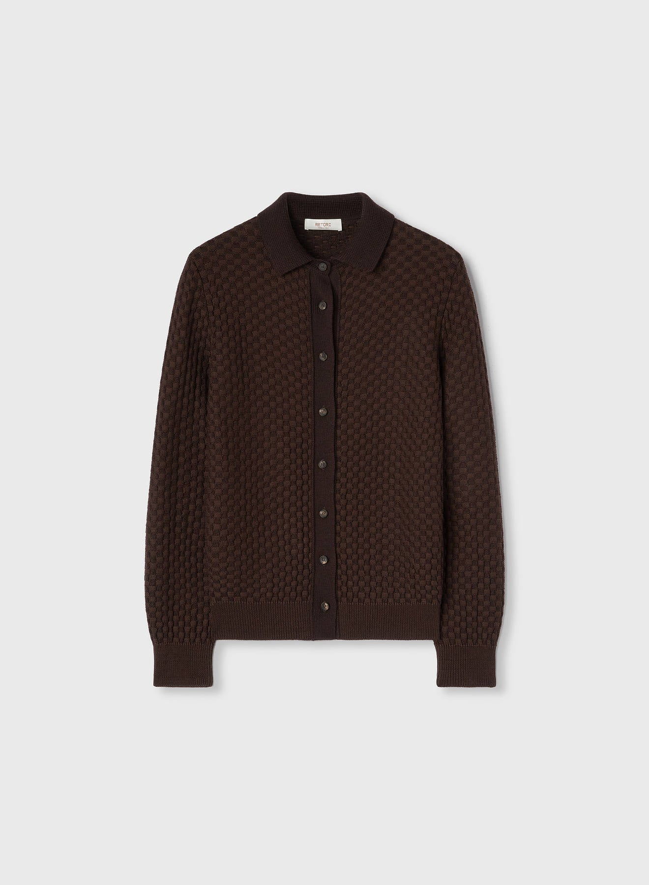 Retori Damier Wool And Silk Jacquard Button Down Cardi With Shirt Collar Chocolate - Knitwear - Luxury Cardigans for Women