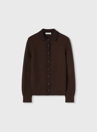 Retori Damier Wool And Silk Jacquard Button Down Cardi With Shirt Collar Chocolate - Knitwear - Luxury Cardigans for Women