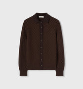 Retori Damier Wool And Silk Jacquard Button Down Cardi With Shirt Collar Chocolate - Knitwear - Luxury Cardigans for Women