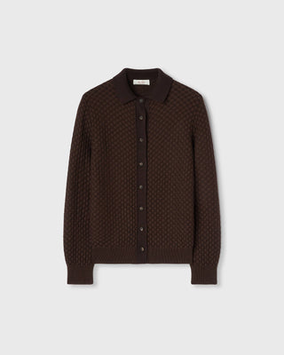 Retori Damier Wool And Silk Jacquard Button Down Cardi With Shirt Collar Chocolate - Knitwear - Luxury Cardigans for Women