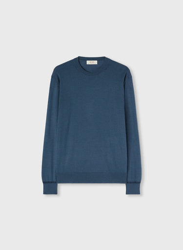 Retori Cuff Micro Check Detail Crewneck Avio And Navy - Knitwear - Luxury Sweaters for Men
