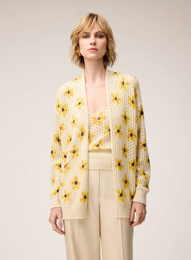 PRINTED CASHMERE OPENWORK KNIT CARDIGAN