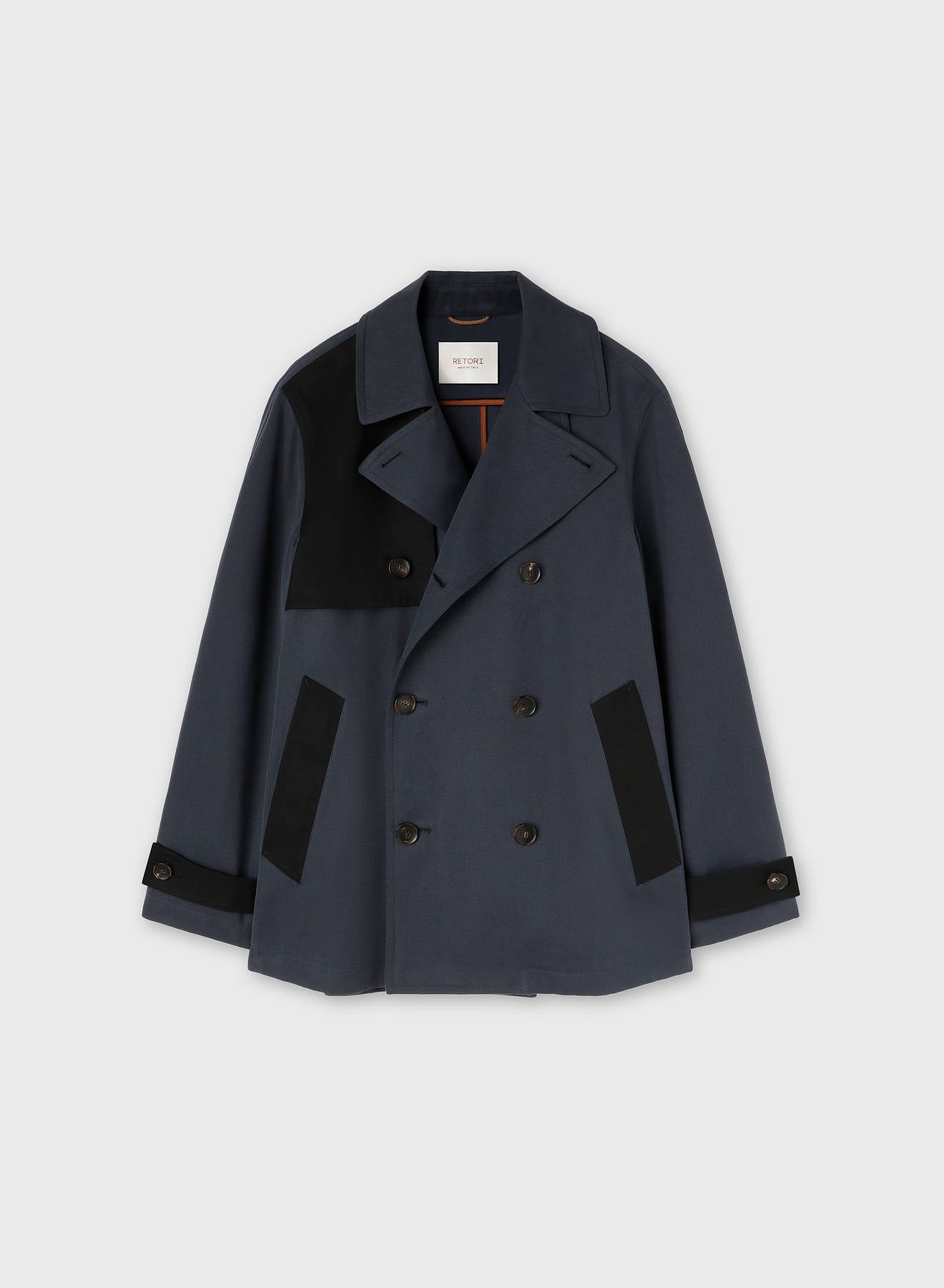 COTTON AND CASHMERE PEACOAT WITH CONTRASTING DETAILS NAVY AND BLACK