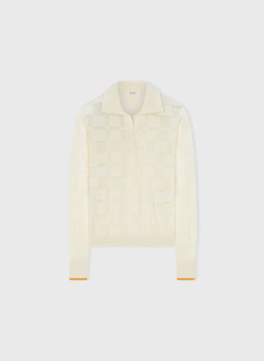 Retori Light Cotton And Cashmere Jacquard Damier Long Sleeves Polo With Contrast Color Details Butter And Yellow - Knitwear - Luxury Polos for Women