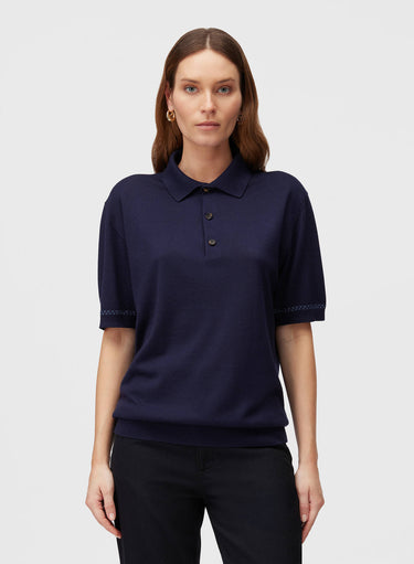 Retori Cuff Micro Check Detail Short Sleeve Polo Navy And Avio - Knitwear - Luxury Unisex Polos - Front Woman